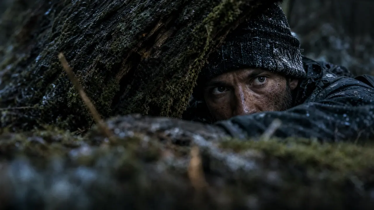 Close on a person's eyes under a wet beanie, pressed flat behind a mossy log.