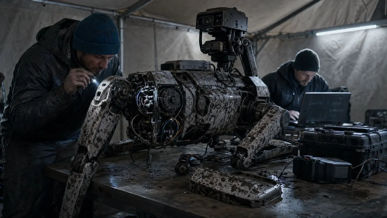In a field tent at night, two technicians inspect a mud-caked quadruped robot with a leg panel removed.
