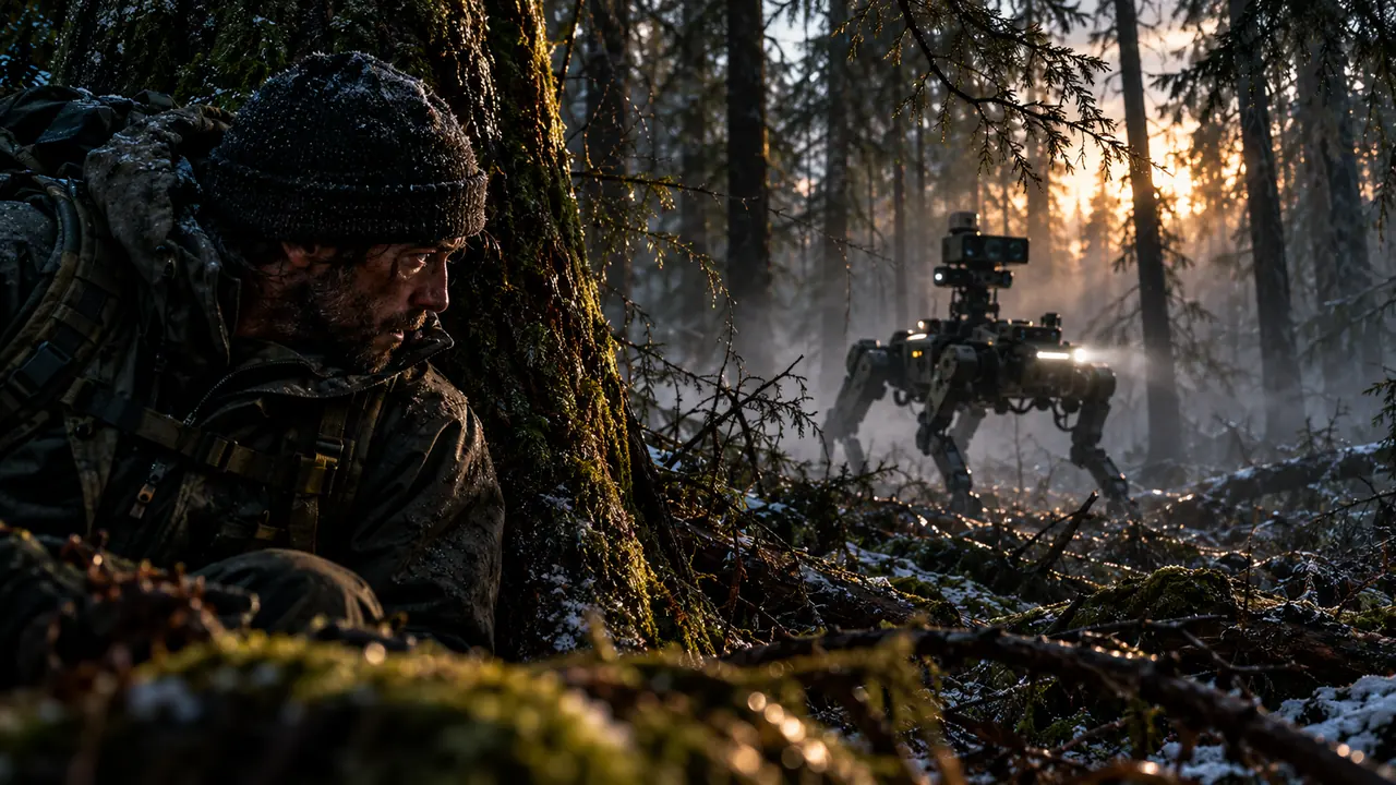 At first light a person presses against a mossy trunk while a quadruped robot stalks through the fog behind them.