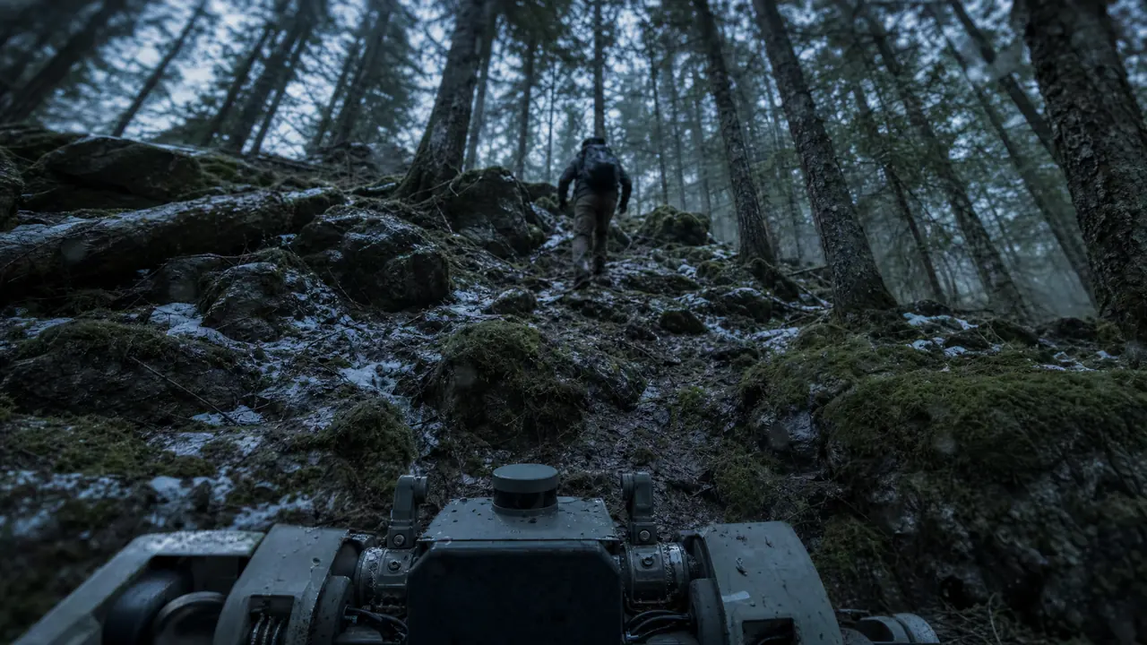 A robot's forward camera view up a mossy slope, a participant climbing away between the trees.