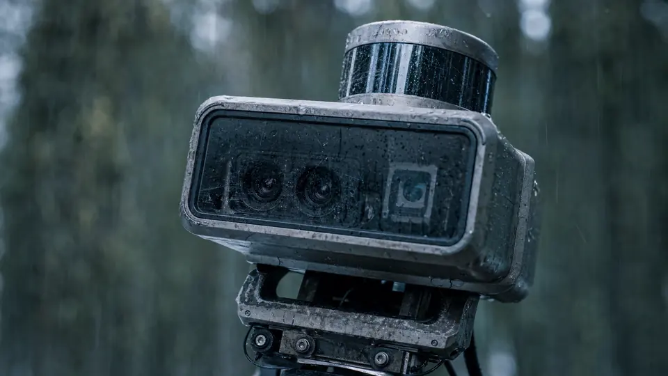 A rain-soaked robot sensor head: a LiDAR unit above a stereo camera pair.